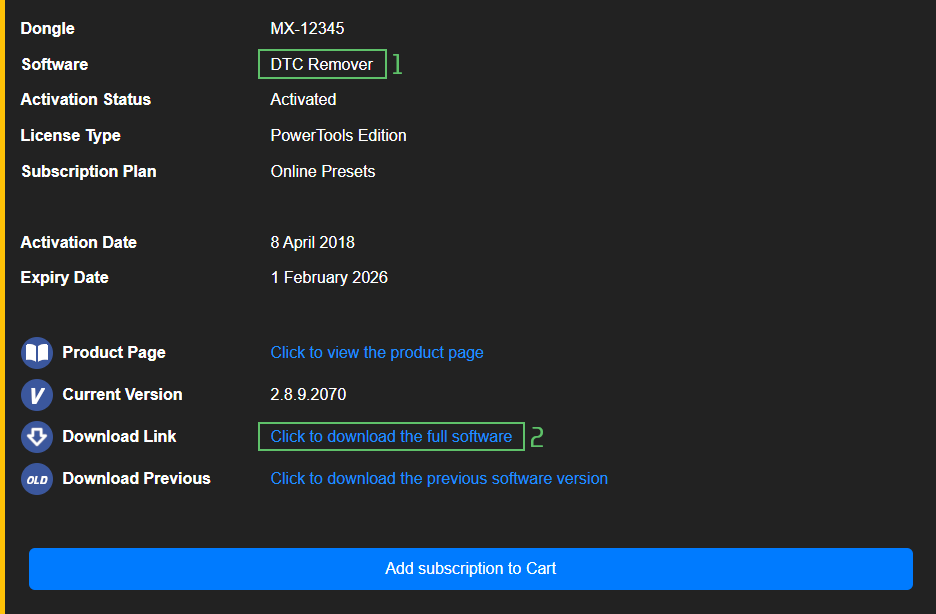 Link to Download DTC Remover Software from License Manager Page